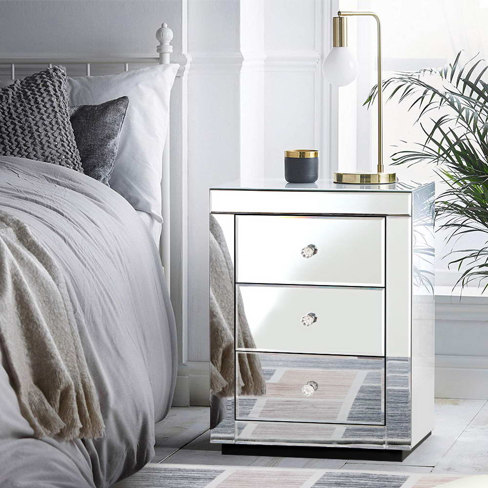 Artiss Bedside Table 3 Drawers Mirrored - PRESIA Silver 7