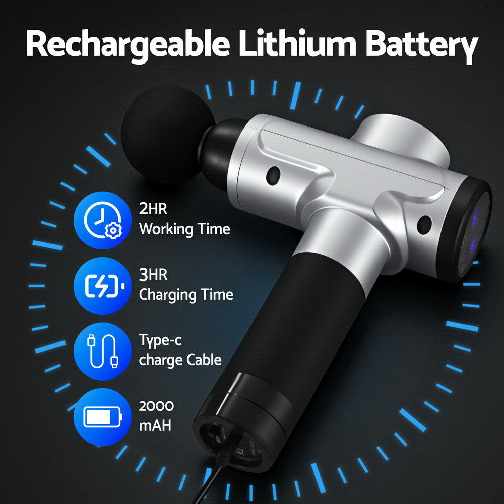 Everfit Massage Gun 30 Speed 6 Heads Vibration Muscle Massager Chargeable Silver 4