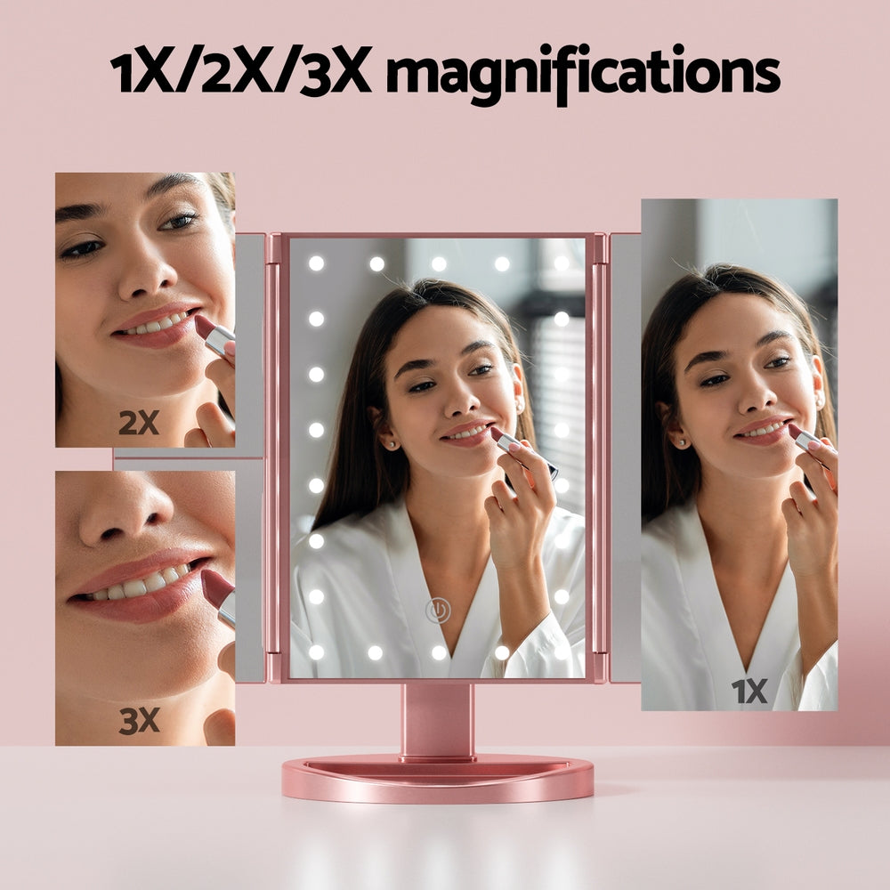 Embellir Tri-fold Makeup Mirror 1X2X3X Magnifying with LED Light Travel Portable Pink 5