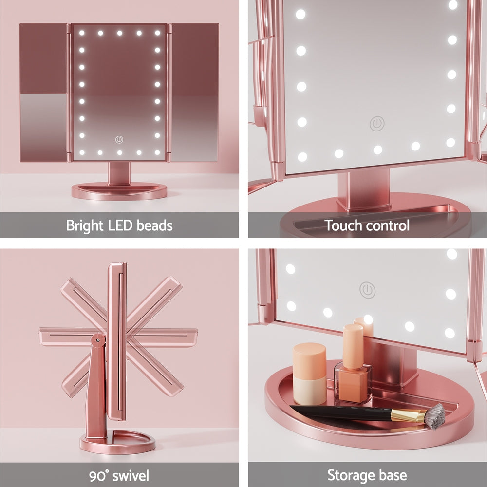 Embellir Tri-fold Makeup Mirror 1X2X3X Magnifying with LED Light Travel Portable Pink 7