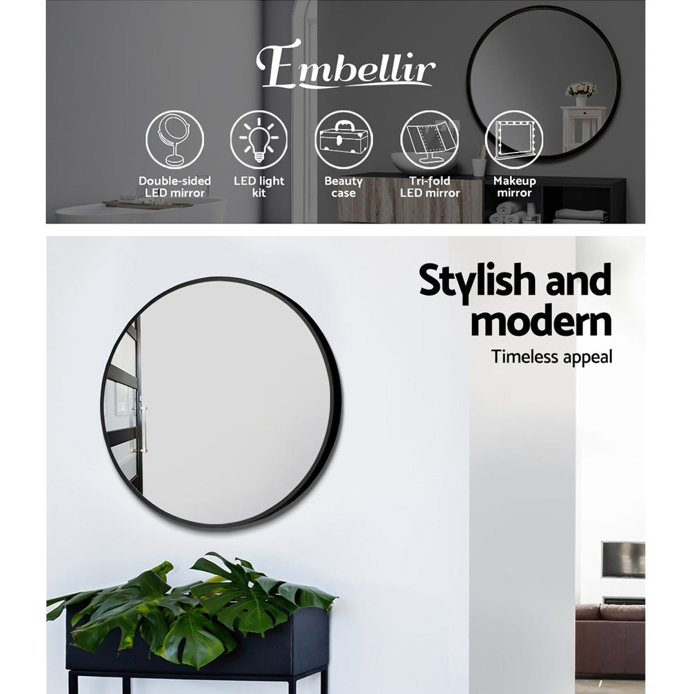 Embellir 2 Wall Mirror Makeup 50cm Home Decor Framed Mirrors Bathroom Round Black 4