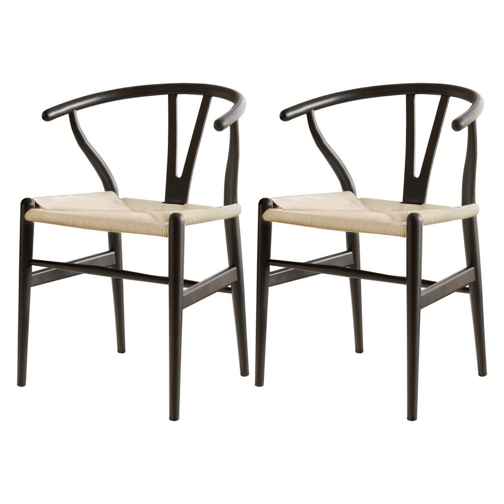 1 Set of 2 Artiss Dining Chairs Wooden Rattan Wishbone Black 7