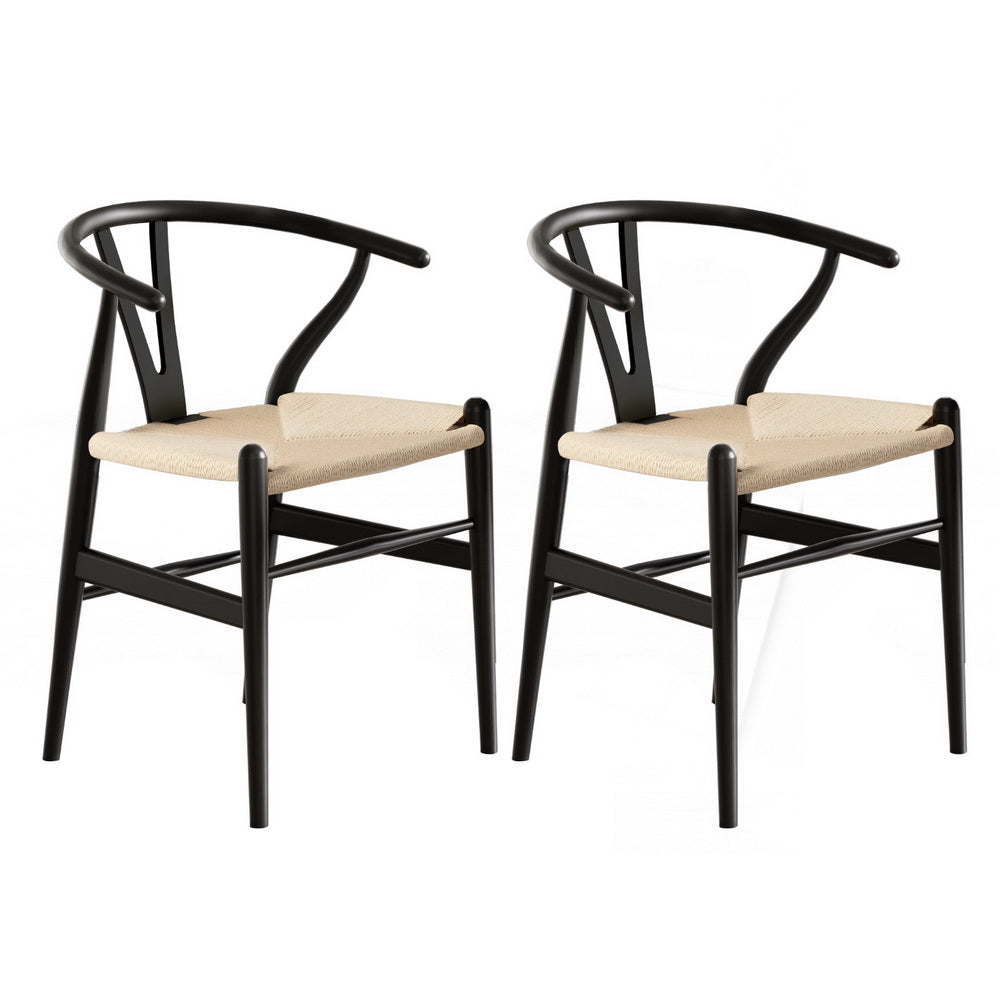 1 Set of 2 Artiss Dining Chairs Wooden Rattan Wishbone Black 3