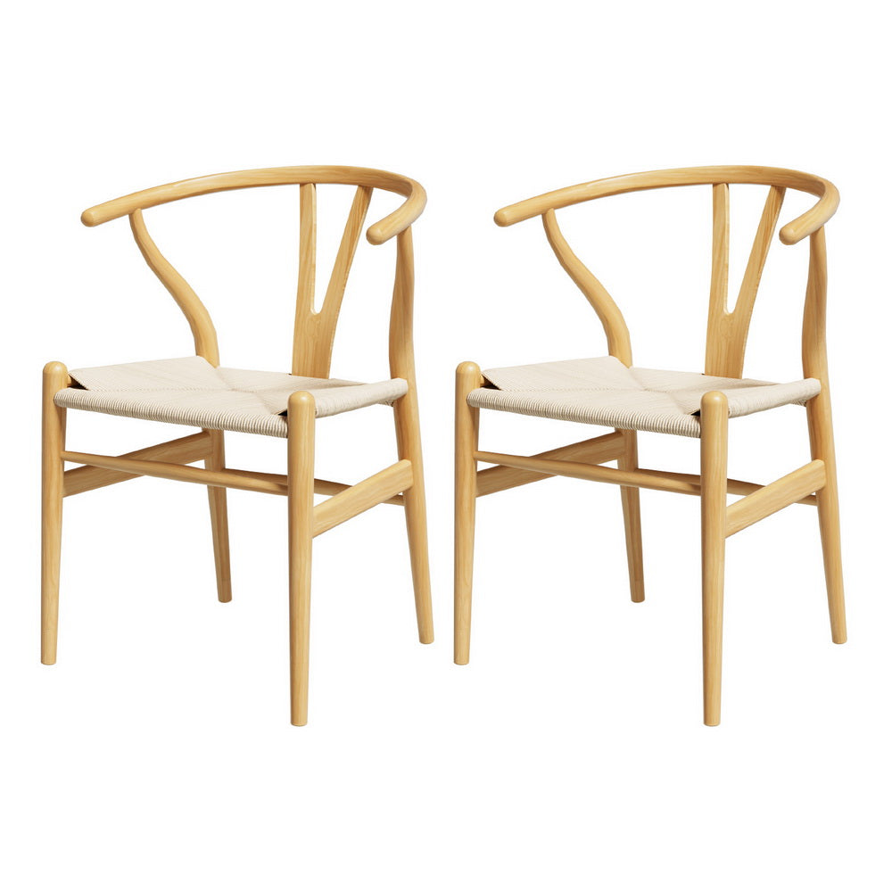 1 Set of 2 Artiss Dining Chairs Wooden Rattan Seat Wishbone Back 7