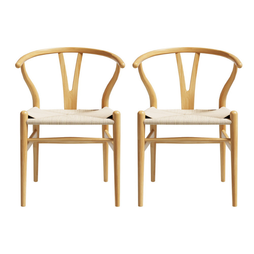 1 Set of 2 Artiss Dining Chairs Wooden Rattan Seat Wishbone Back 3