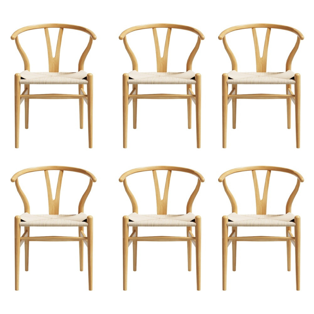 1 Set of 6 Artiss Dining Chairs Wooden Rattan Seat Wishbone Back 3