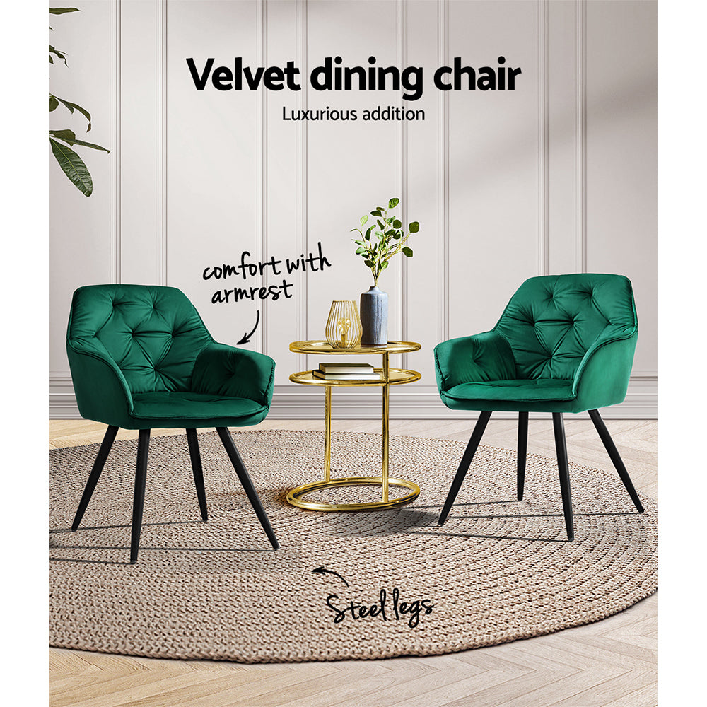 Artiss Dining Chairs Set of 2 Velvet Diamond Tufted Armchair Green 4