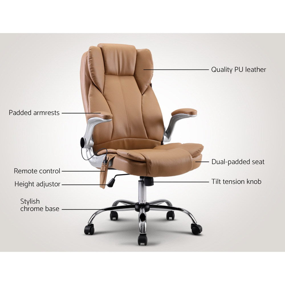Artiss 8 Point Massage Office Chair PU Leather Brown 3