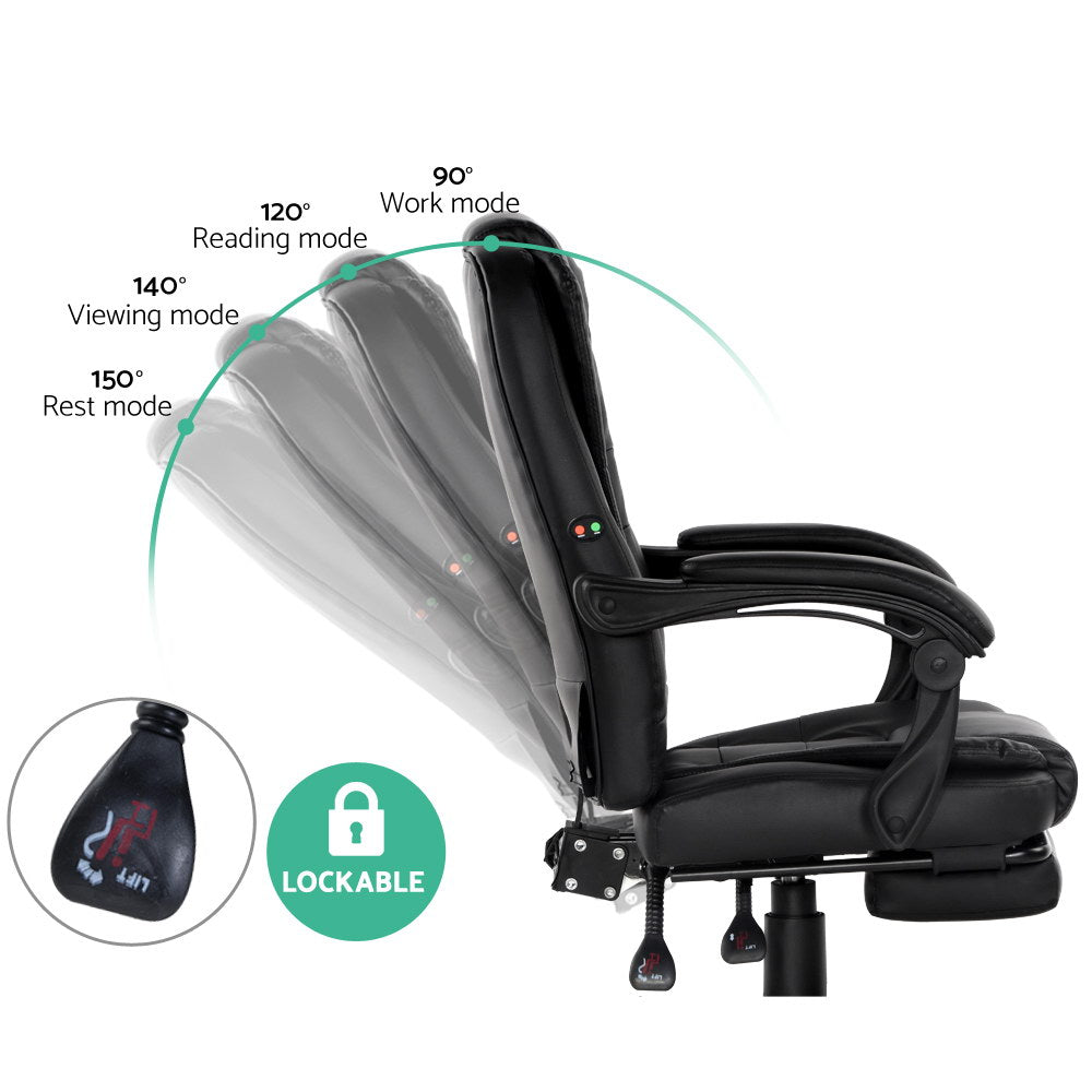 Artiss 2 Point Massage Office Chair PU Leather Footrest Black 4