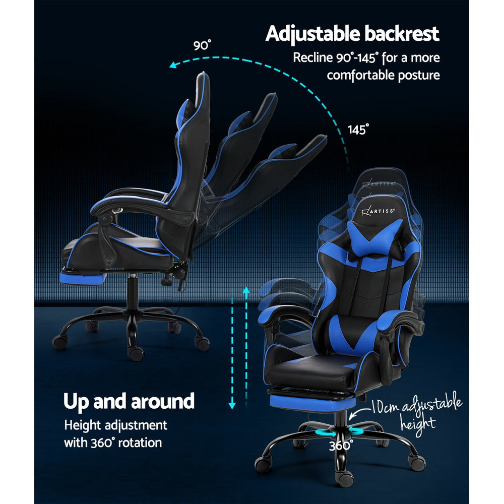 Artiss 2 Point Massage Gaming Office Chair Footrest Blue 5