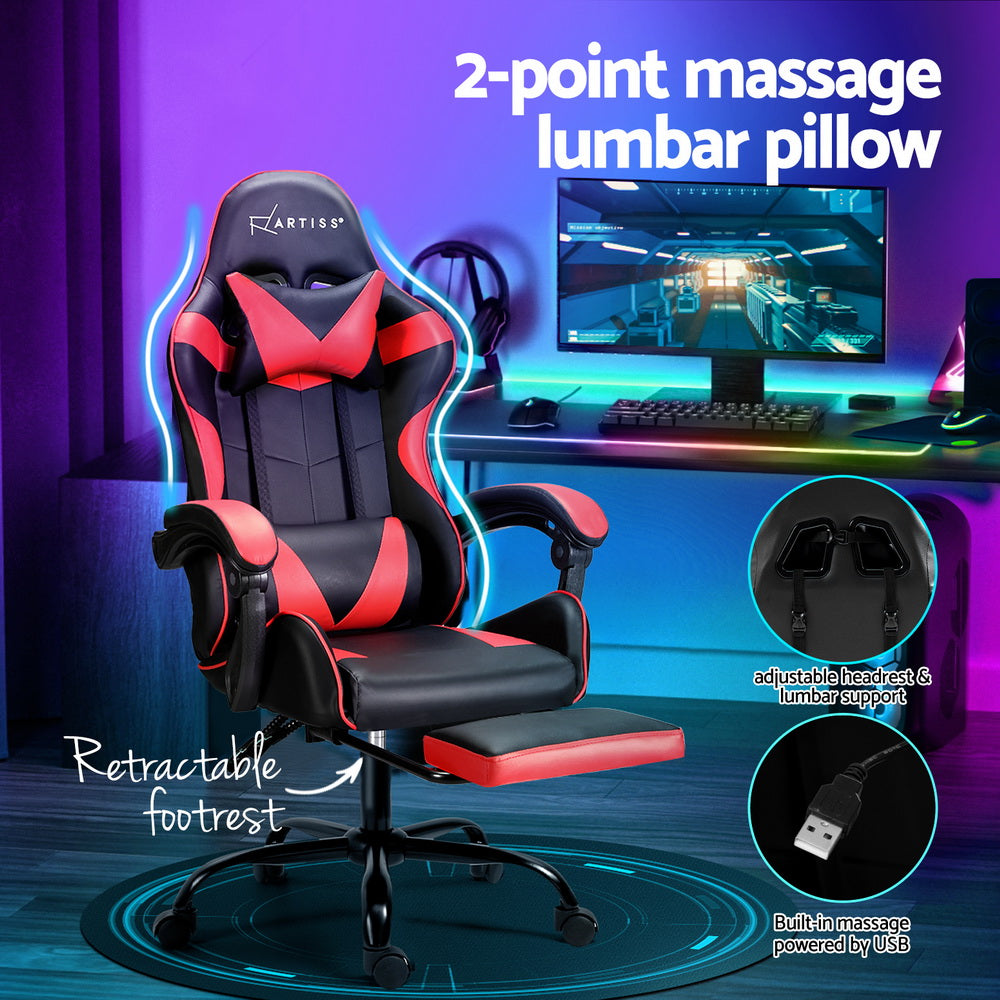 Artiss 2 Point Massage Gaming Office Chair Footrest Red 4
