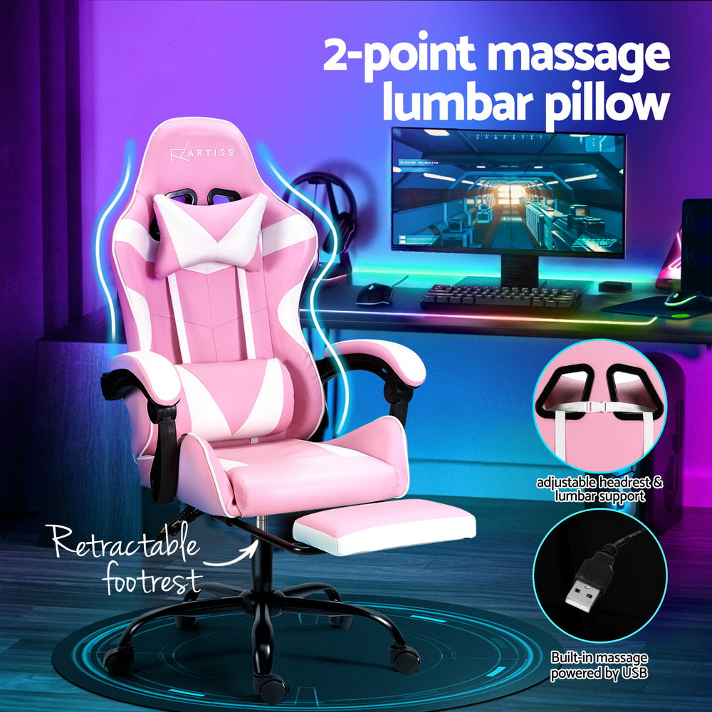 Artiss 2 Point Massage Gaming Office Chair Footrest Pink 4