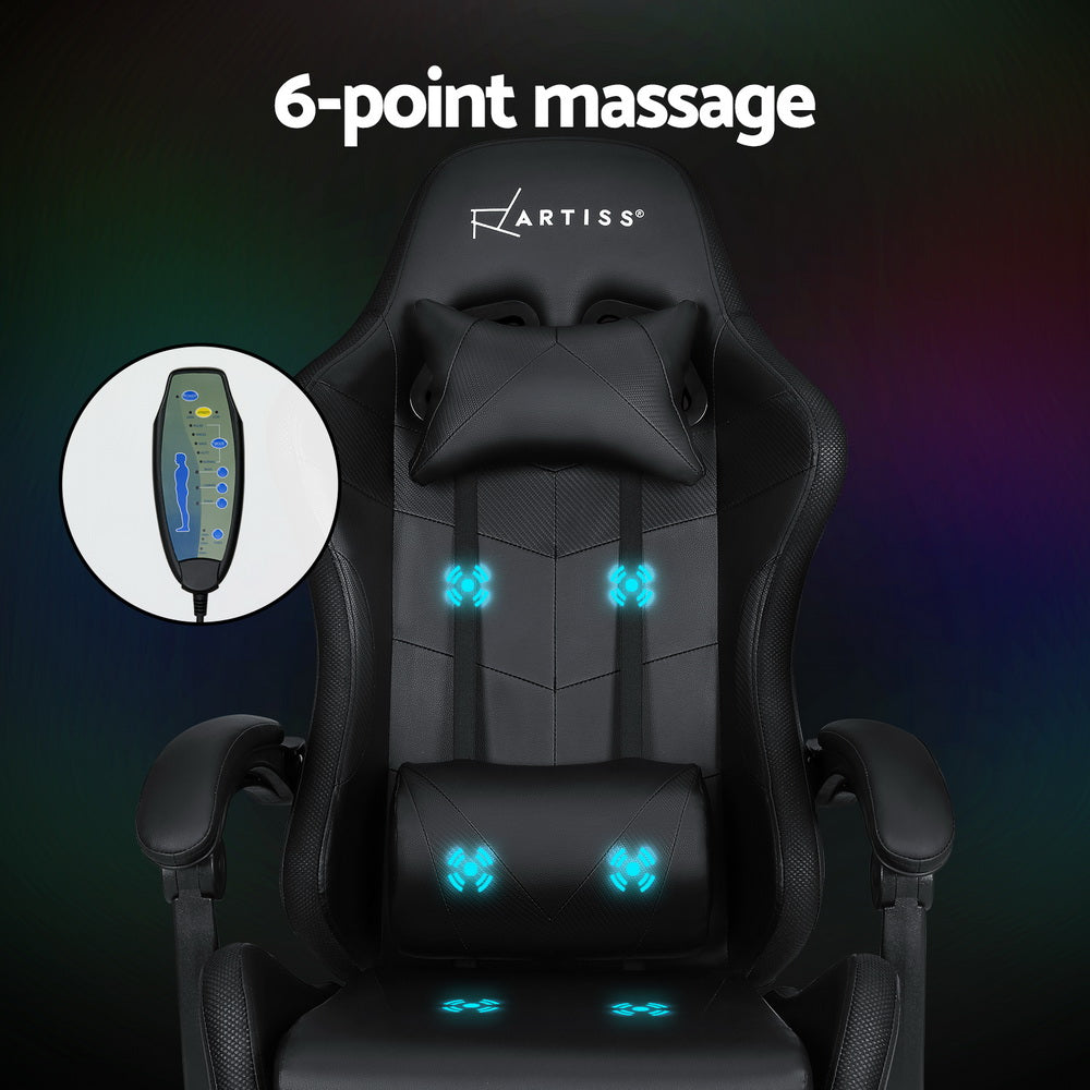 Artiss 6 Point Massage Gaming Office Chair 7 LED Footrest Black 5