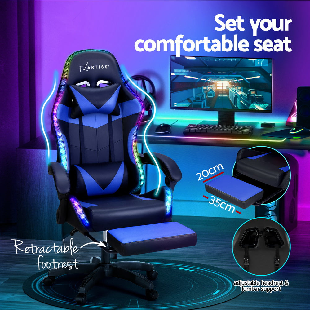 Artiss 6 Point Massage Gaming Office Chair 7 LED Footrest Blue 5