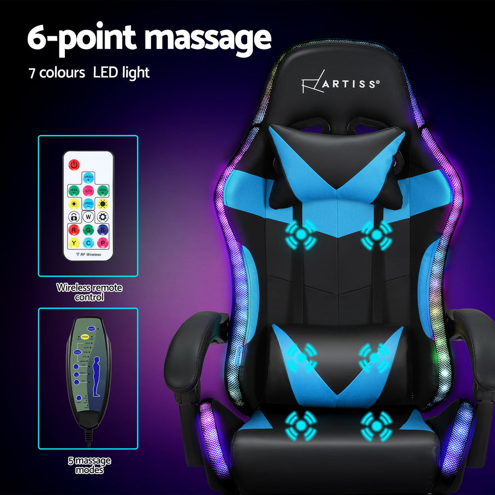 Artiss 6 Point Massage Gaming Office Chair 7 LED Footrest Cyan Blue 4