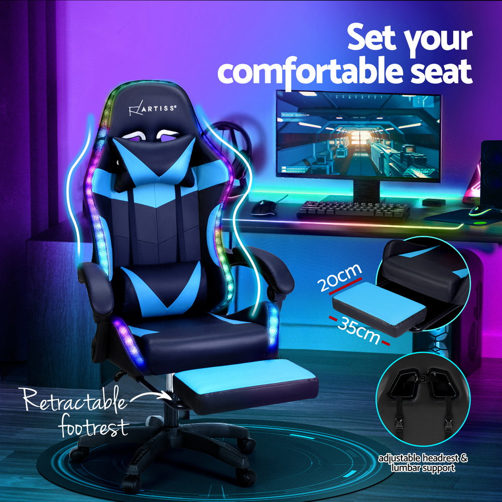 Artiss 6 Point Massage Gaming Office Chair 7 LED Footrest Cyan Blue 5