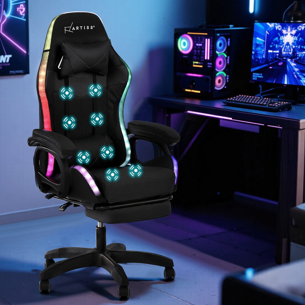 Artiss Gaming Office Chair 12 RGB LED Massage Computer Work Seat Footrest Black 7