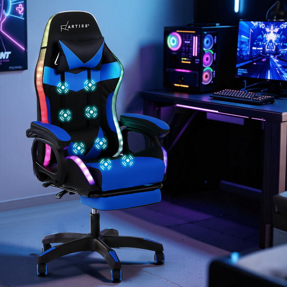 Artiss Gaming Office Chair 12 RGB LED Massage Computer Work Seat Footrest Blue 6