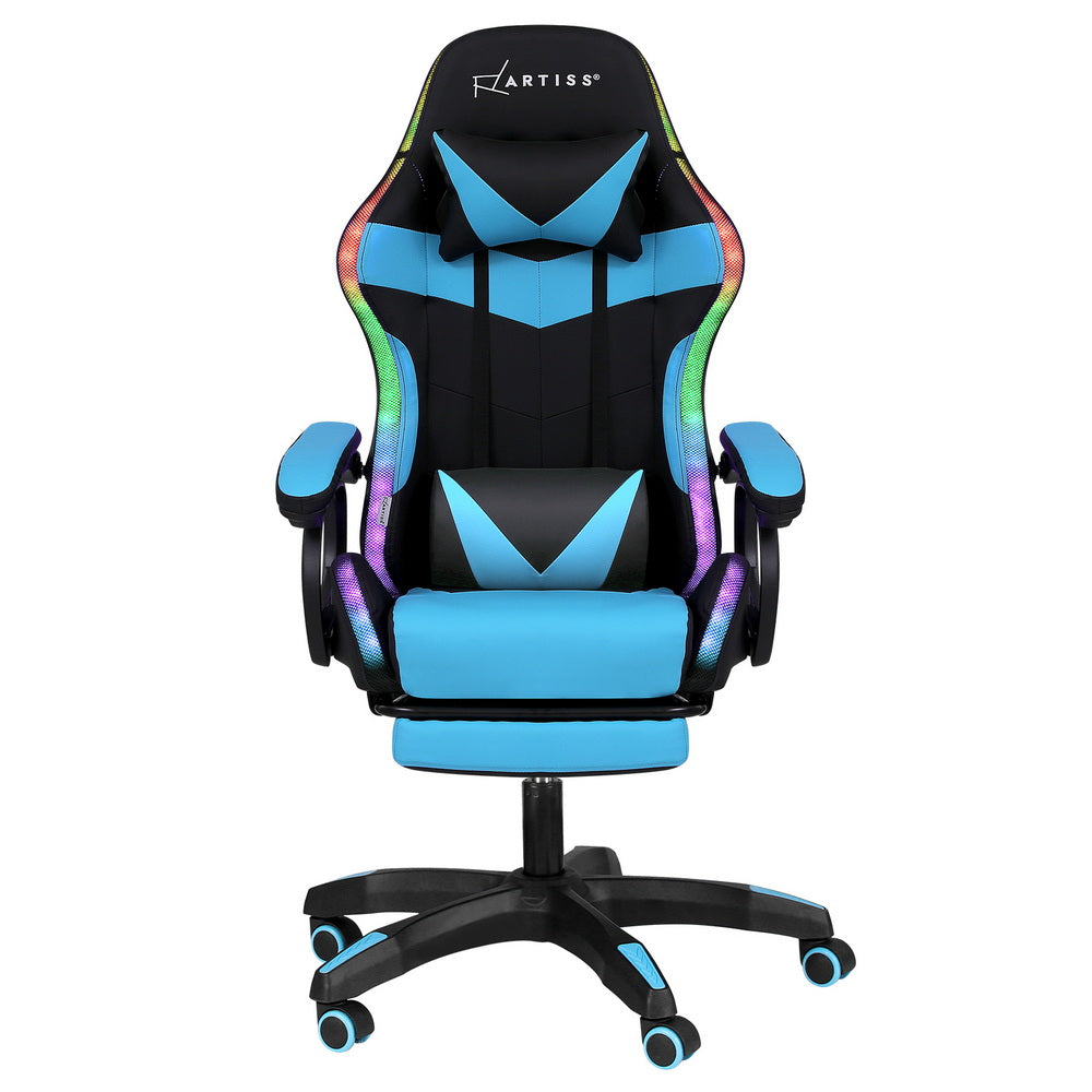 Artiss Gaming Office Chair 12 RGB LED Massage Computer Work Seat Footrest Cyan 3