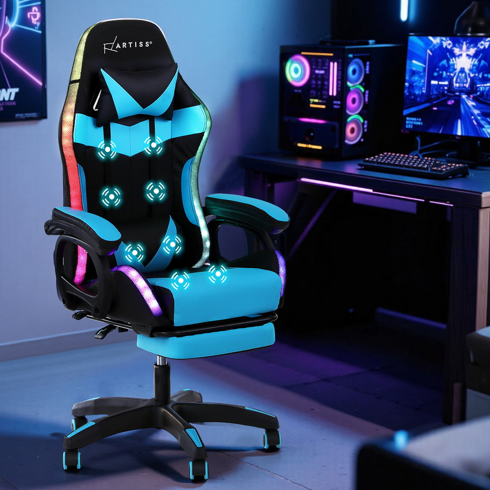 Artiss Gaming Office Chair 12 RGB LED Massage Computer Work Seat Footrest Cyan 7