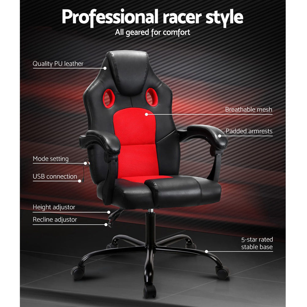 Artiss 2 Point Massage Gaming Office Chair PU Leather Red 3