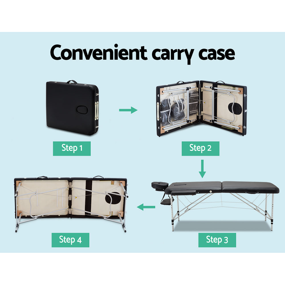 Zenses Massage Table 70cm Portable 2 Fold Aluminium Beauty Bed Black 6