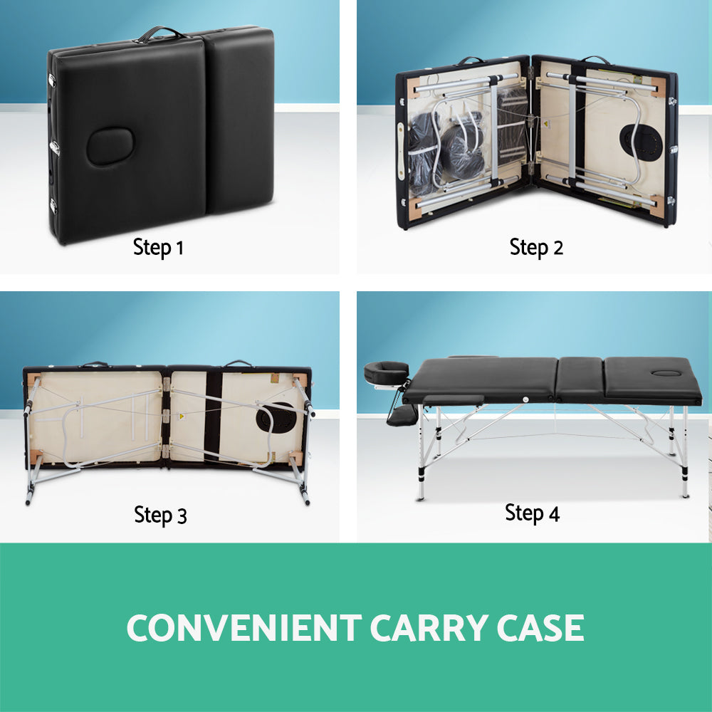 Zenses Massage Table 60cm Portable 3 Fold Aluminium Beauty Bed Black 6