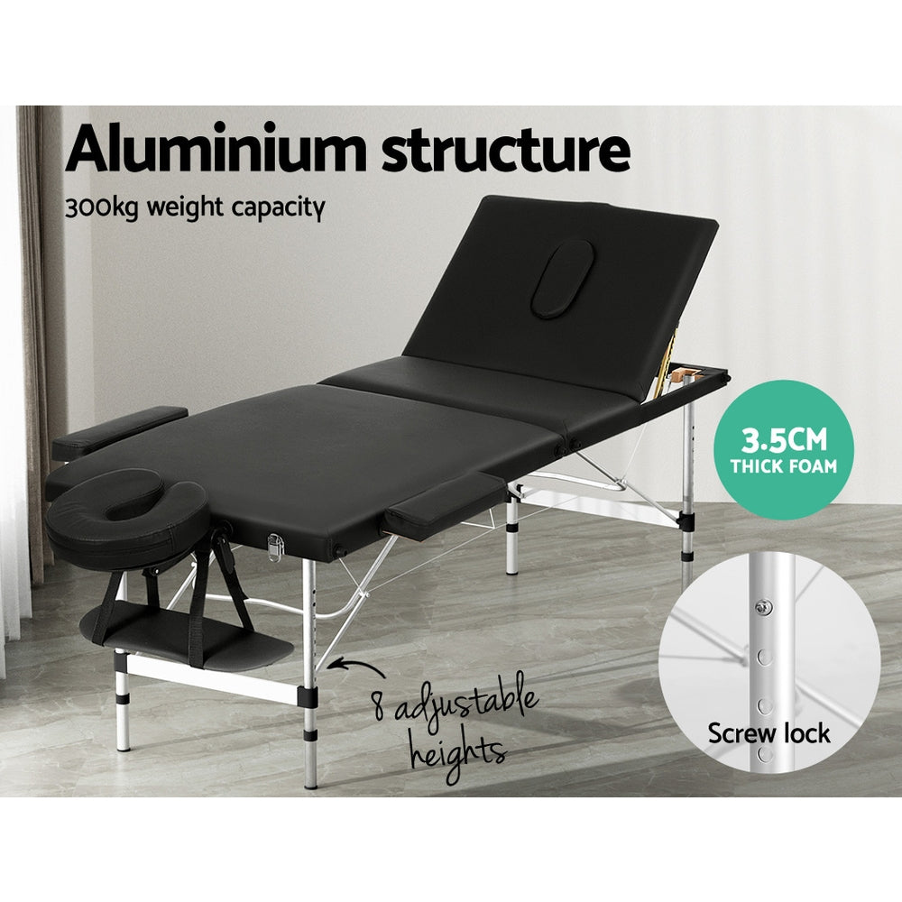 Zenses Massage Table 65cm Portable 3 Fold Aluminium Beauty Bed Black 4