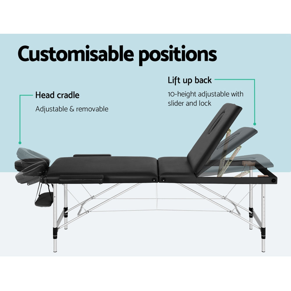 Zenses Massage Table 65cm Portable 3 Fold Aluminium Beauty Bed Black 5
