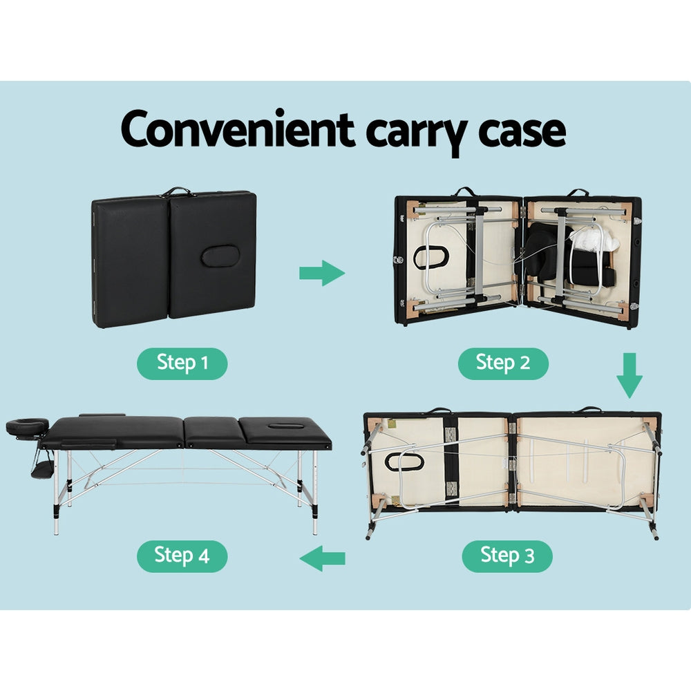 Zenses Massage Table 65cm Portable 3 Fold Aluminium Beauty Bed Black 6