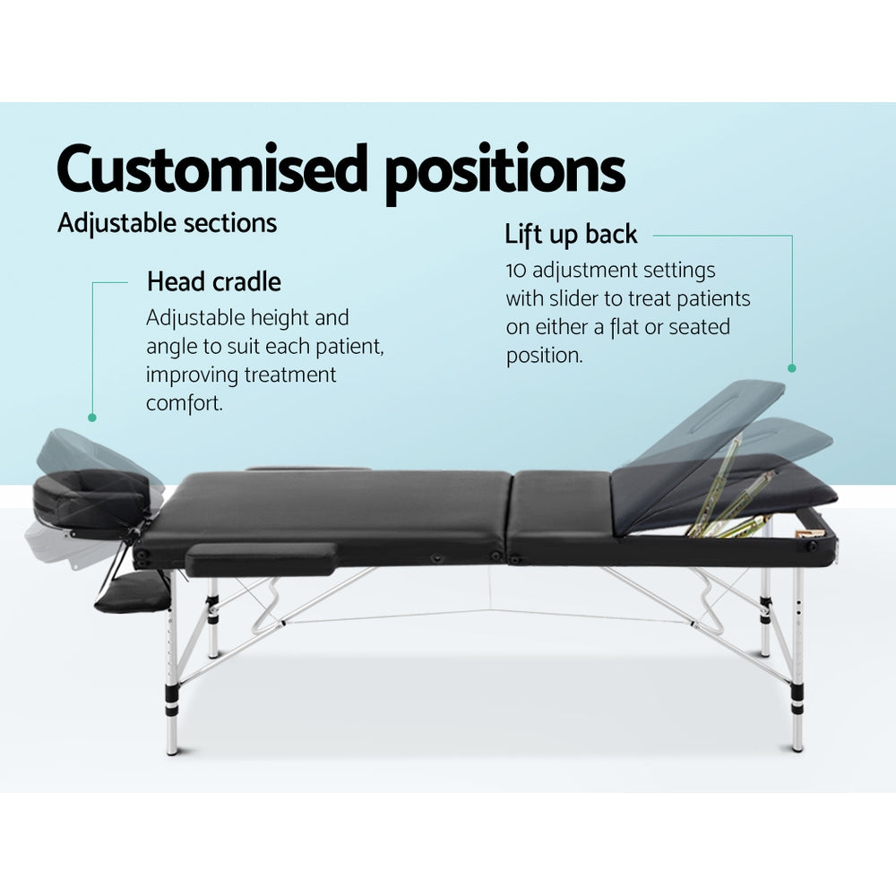 Zenses Massage Table 80cm Portable 3 Fold Aluminium Beauty Bed Black 4