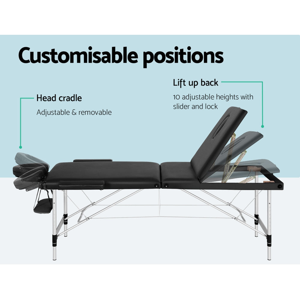 Zenses Massage Table 85cm Portable 3 Fold Aluminium Beauty Bed Black 5