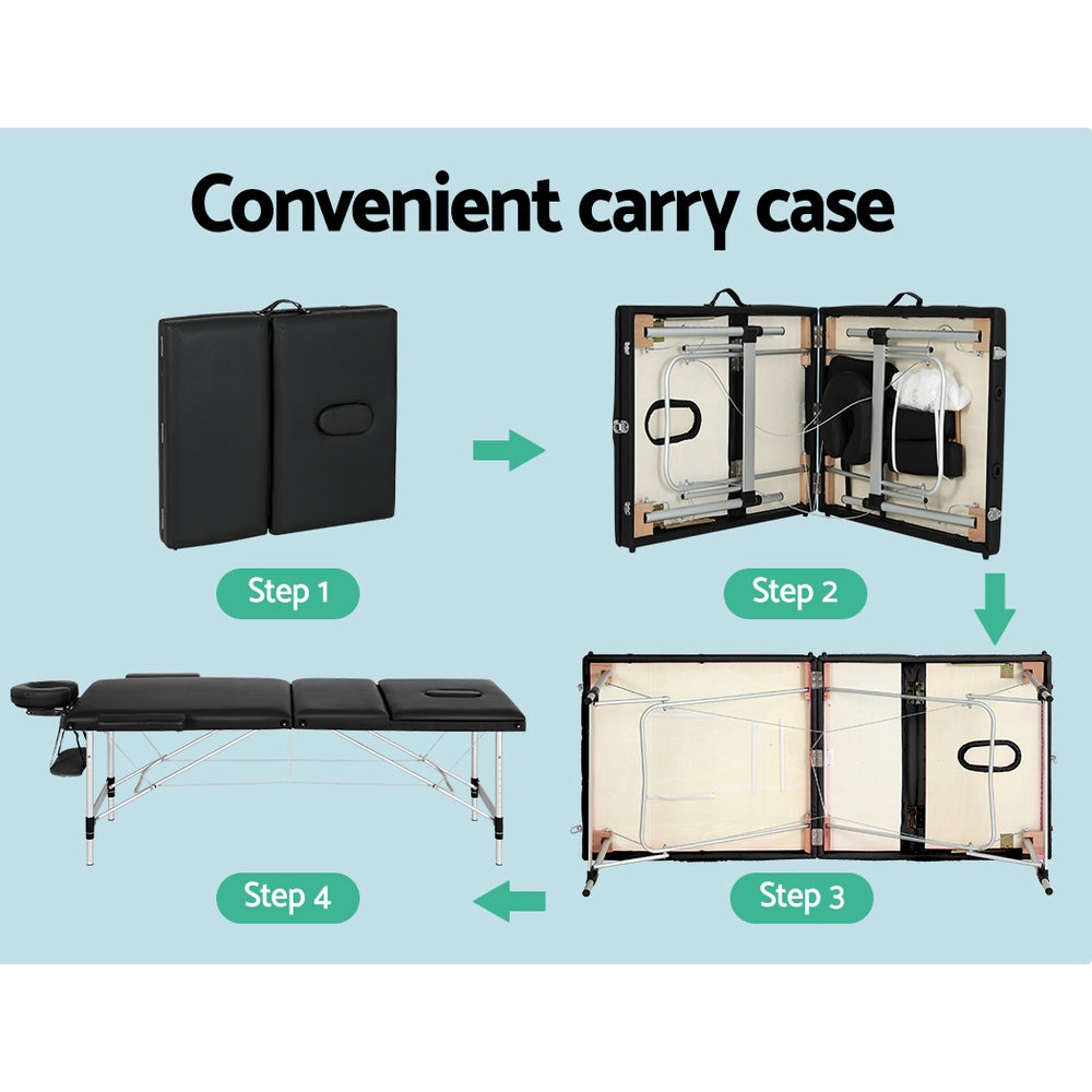 Zenses Massage Table 85cm Portable 3 Fold Aluminium Beauty Bed Black 6