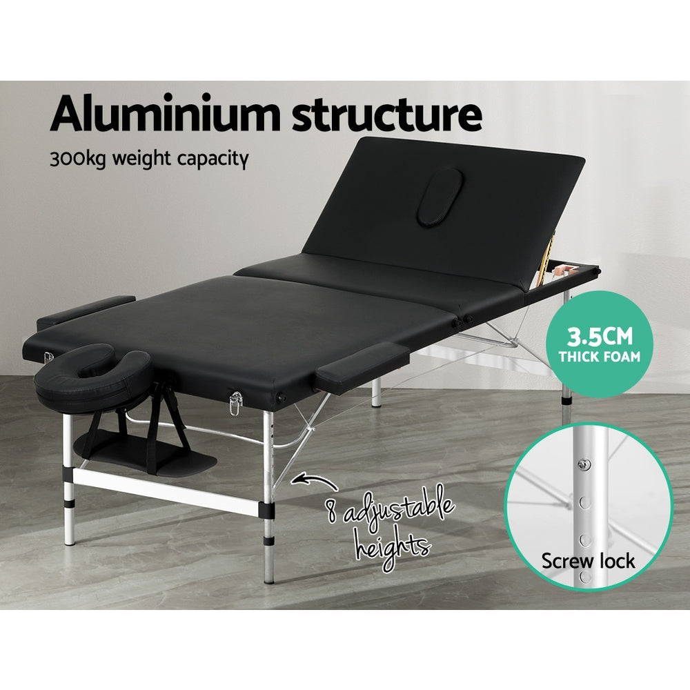 Zenses Massage Table 85cm Portable 3 Fold Aluminium Beauty Bed Black 4