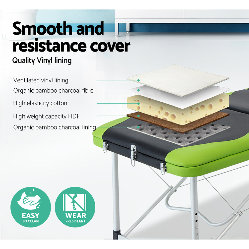 Zenses Massage Table 75cm Portable 3 Fold Aluminium Beauty Bed Green 4
