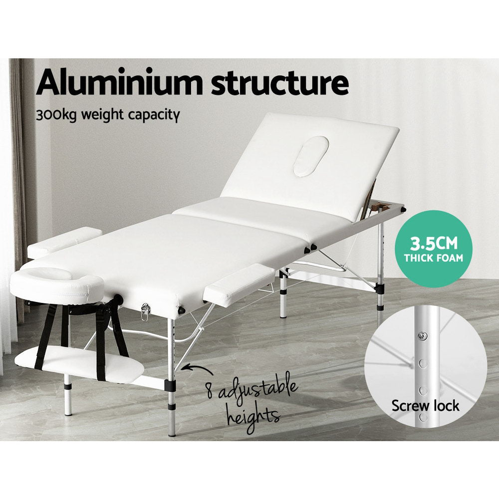 Zenses Massage Table 65cm Portable 3 Fold Aluminium Beauty Bed White 4