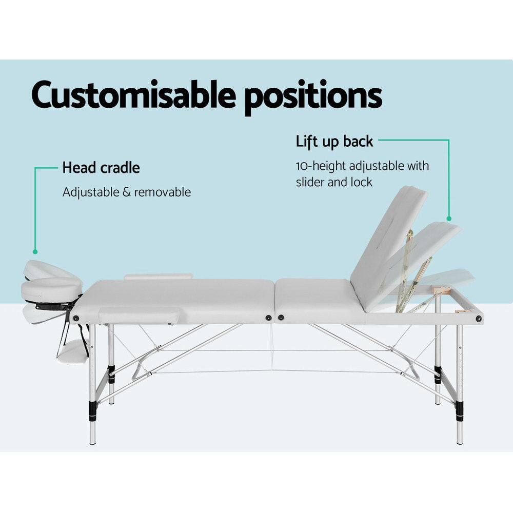 Zenses Massage Table 65cm Portable 3 Fold Aluminium Beauty Bed White 5