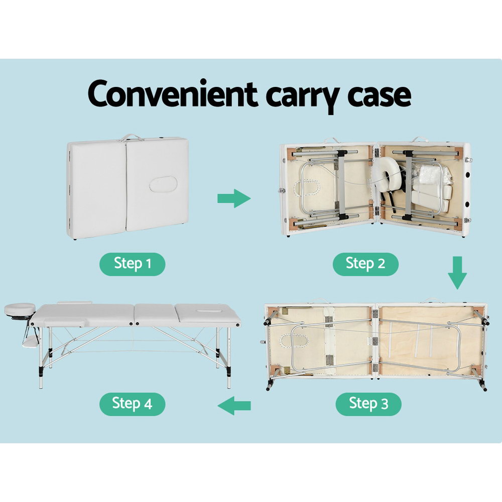 Zenses Massage Table 65cm Portable 3 Fold Aluminium Beauty Bed White 6