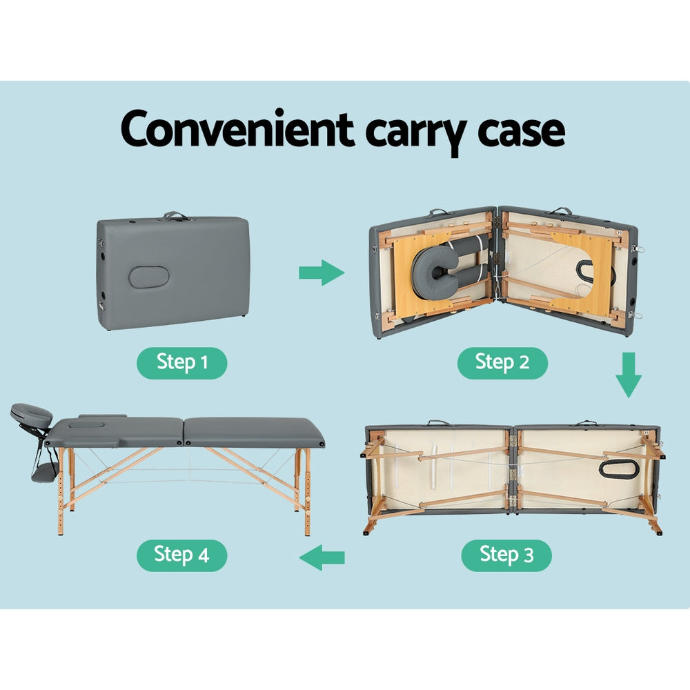 Zenses Massage Table 56cm Portable 2 Fold Wooden Beauty Bed Grey 6