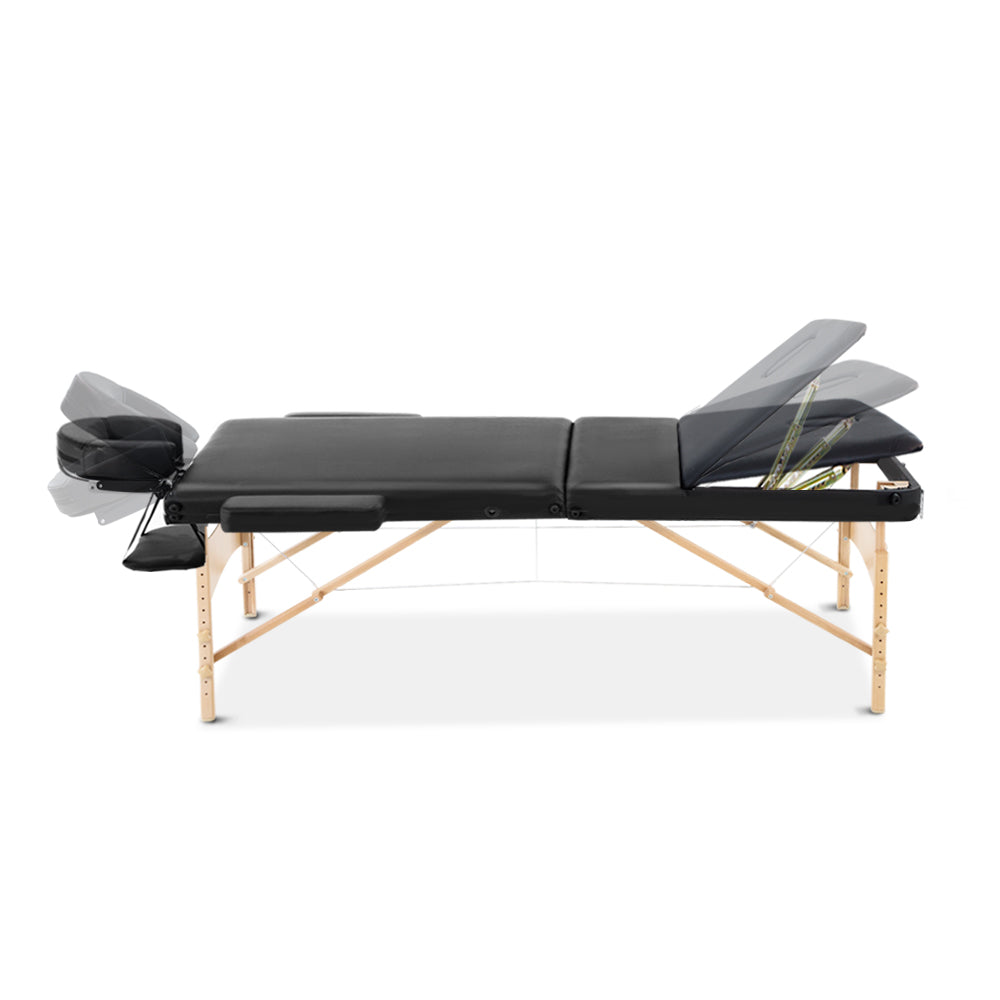 Zenses Massage Table 60cm Portable 3 Fold Wooden Beauty Bed Black 3