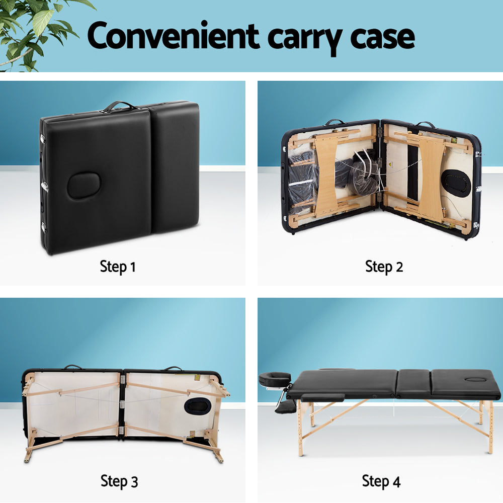 Zenses Massage Table 70cm Portable 3 Fold Wooden Beauty Bed Black 6