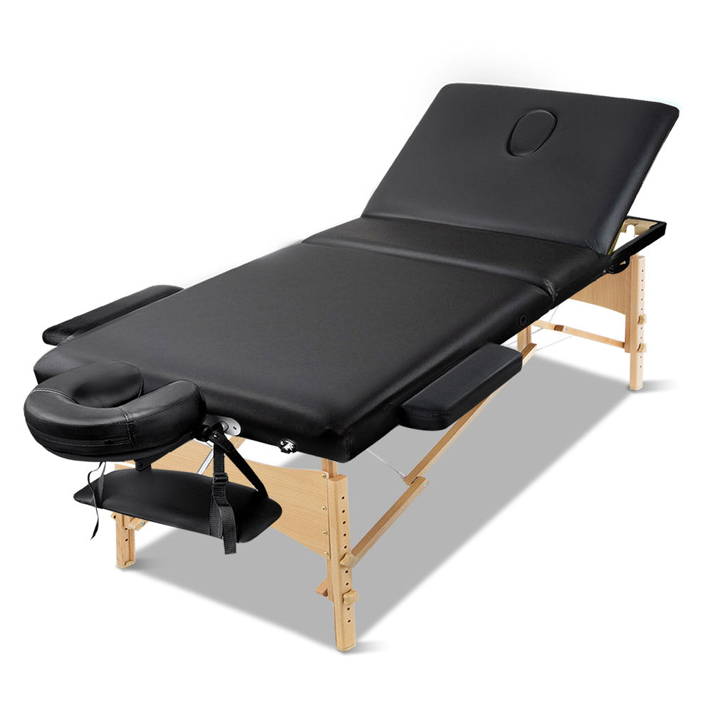 Zenses Massage Table 70cm Portable 3 Fold Wooden Beauty Bed Black 8
