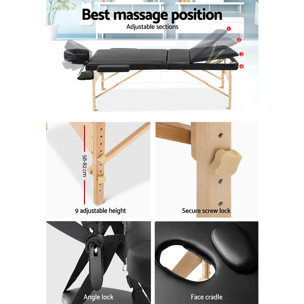 Zenses Massage Table 75cm Portable 3 Fold Wooden Beauty Bed Black 5