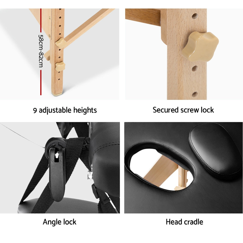 Zenses Massage Table 75cm Portable 3 Fold Wooden Beauty Bed Black 7