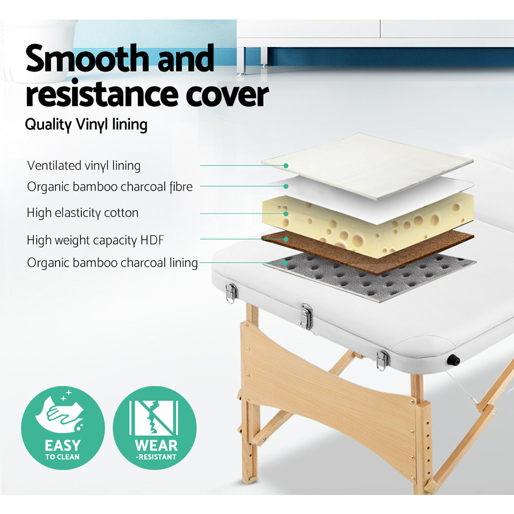 Zenses Massage Table 70cm Portable 3 Fold Wooden Beauty Bed White 4