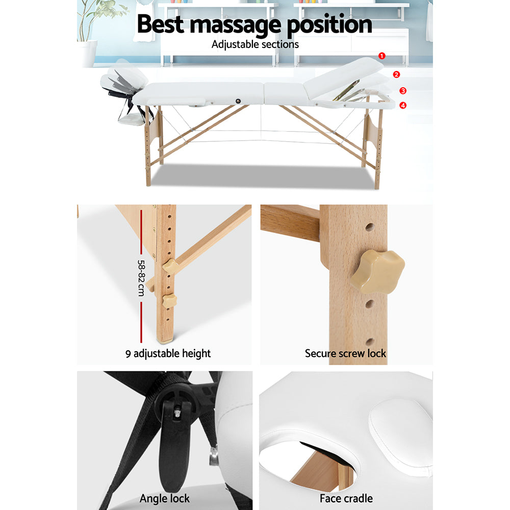 Zenses Massage Table 70cm Portable 3 Fold Wooden Beauty Bed White 5
