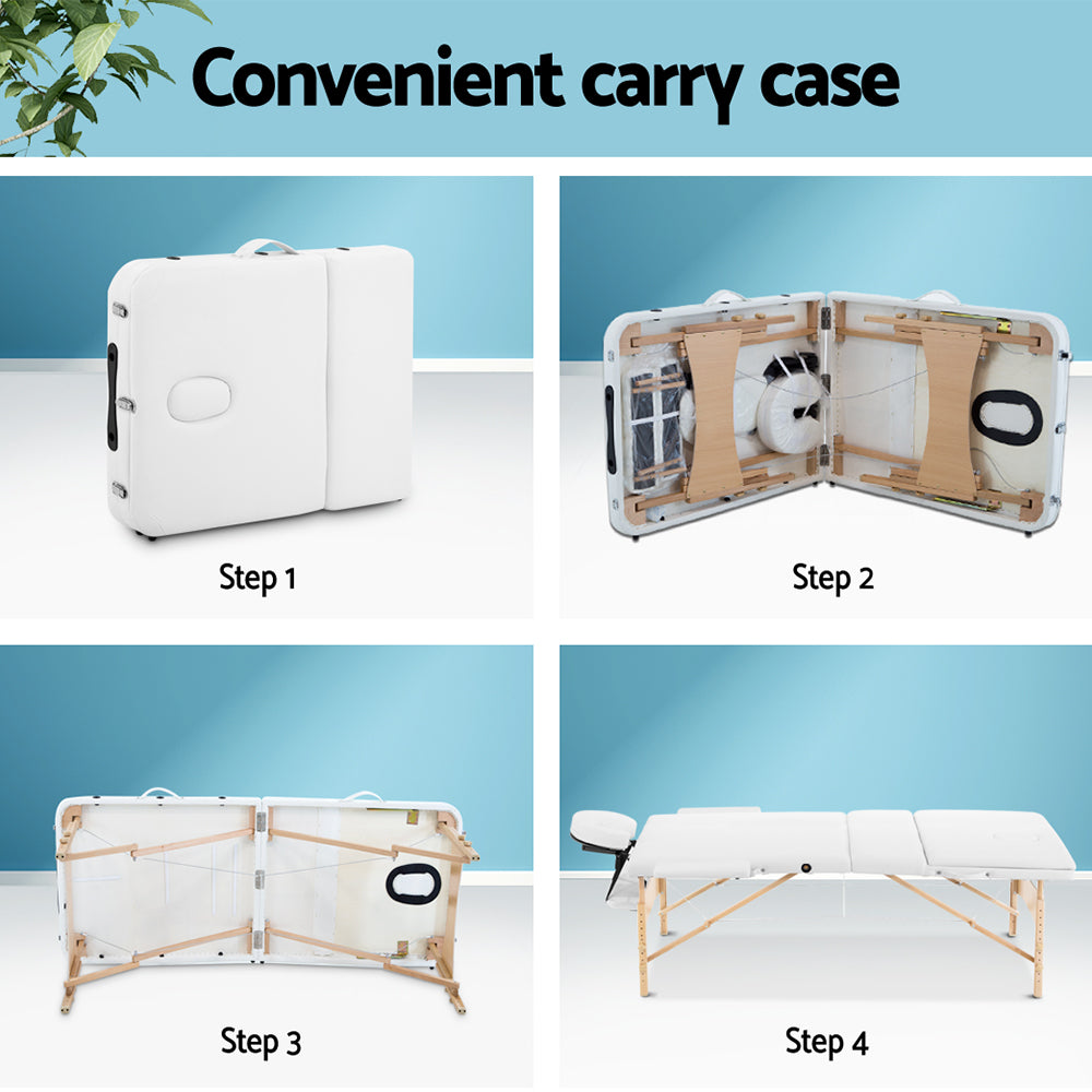 Zenses Massage Table 70cm Portable 3 Fold Wooden Beauty Bed White 6