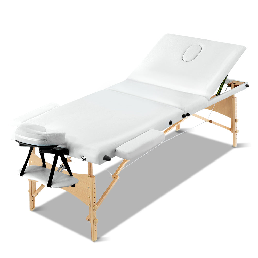 Zenses Massage Table 70cm Portable 3 Fold Wooden Beauty Bed White 8