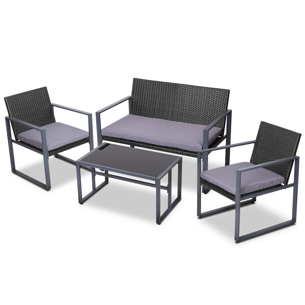Gardeon 4 PCS Outdoor Sofa Set Rattan Furniture Glass Top Table Chairs Black 8