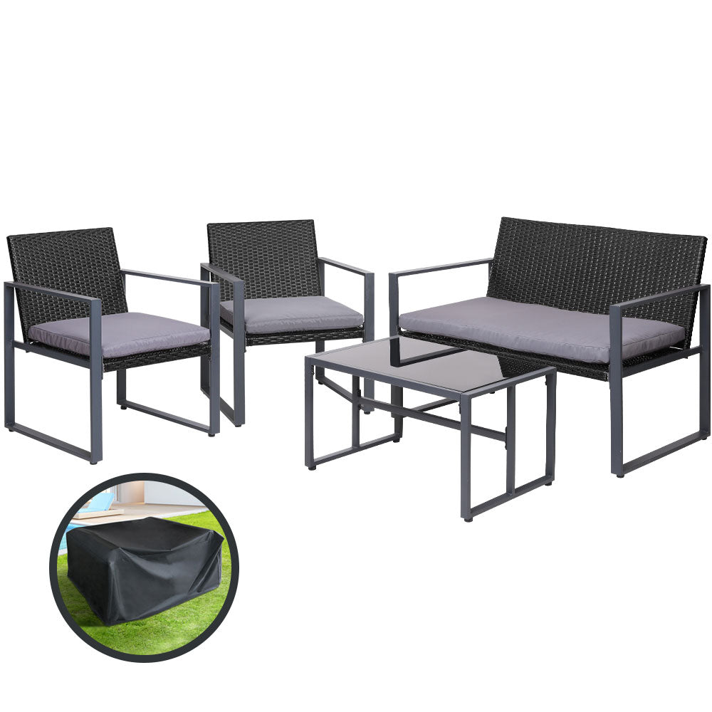 Gardeon 4 PCS Outdoor Sofa Set Rattan Furniture with Storage Cover Chairs Black 7